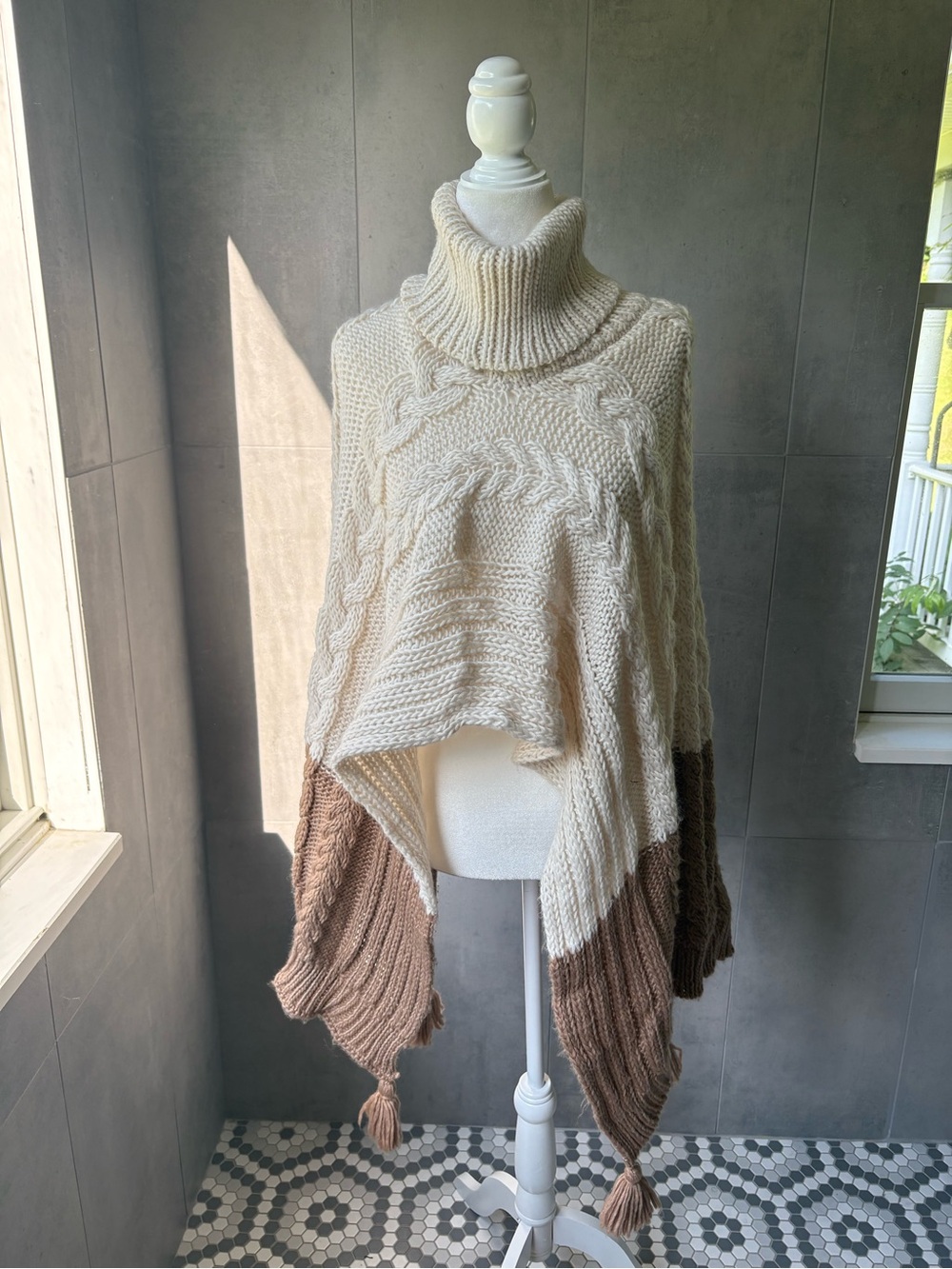Cream and Brown Cable Knit Turtleneck Poncho Sweater